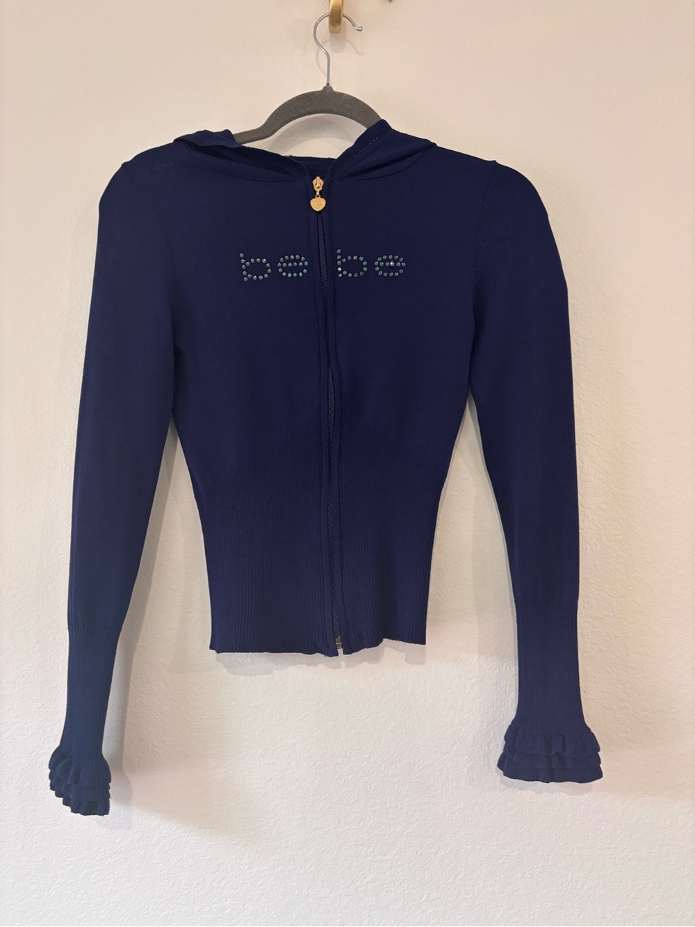 Bebe Logo Swarovski Crystal Sweater Hoodie Blue medium